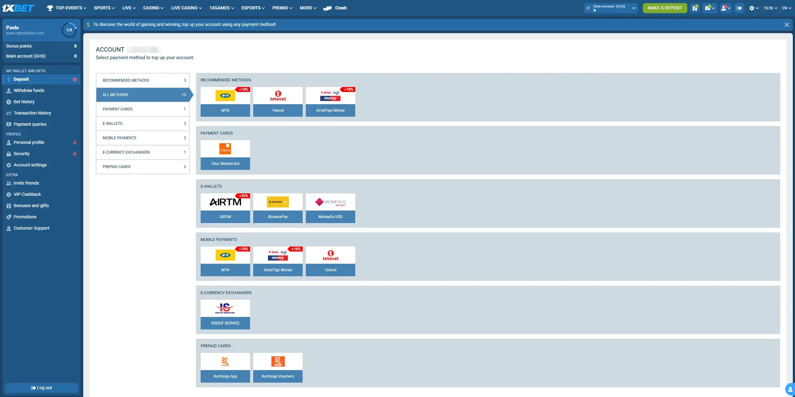1xBet Payment Methods