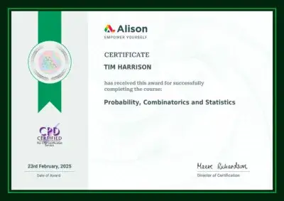 tim harrison certificate probability, statistics by alison